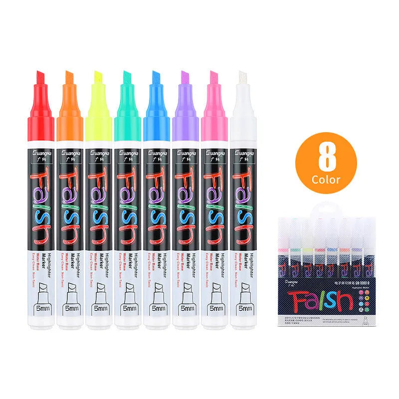 Refillable electronic fluorescent board highlighter pen with oblique 6mm tip, shown with 8 colour cartridges.