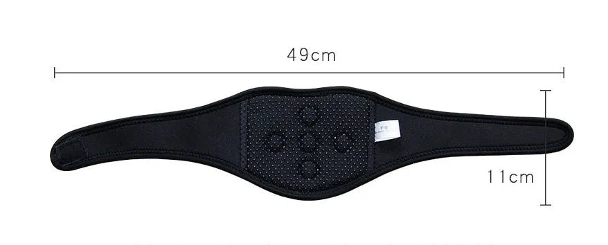 Black adjustable magnetic therapy neck guard with self-heating tourmaline on a flat surface.
