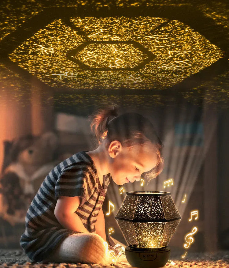 Children's rotating star LED night light projecting coloured stars onto a wall, powered by a USB cable.