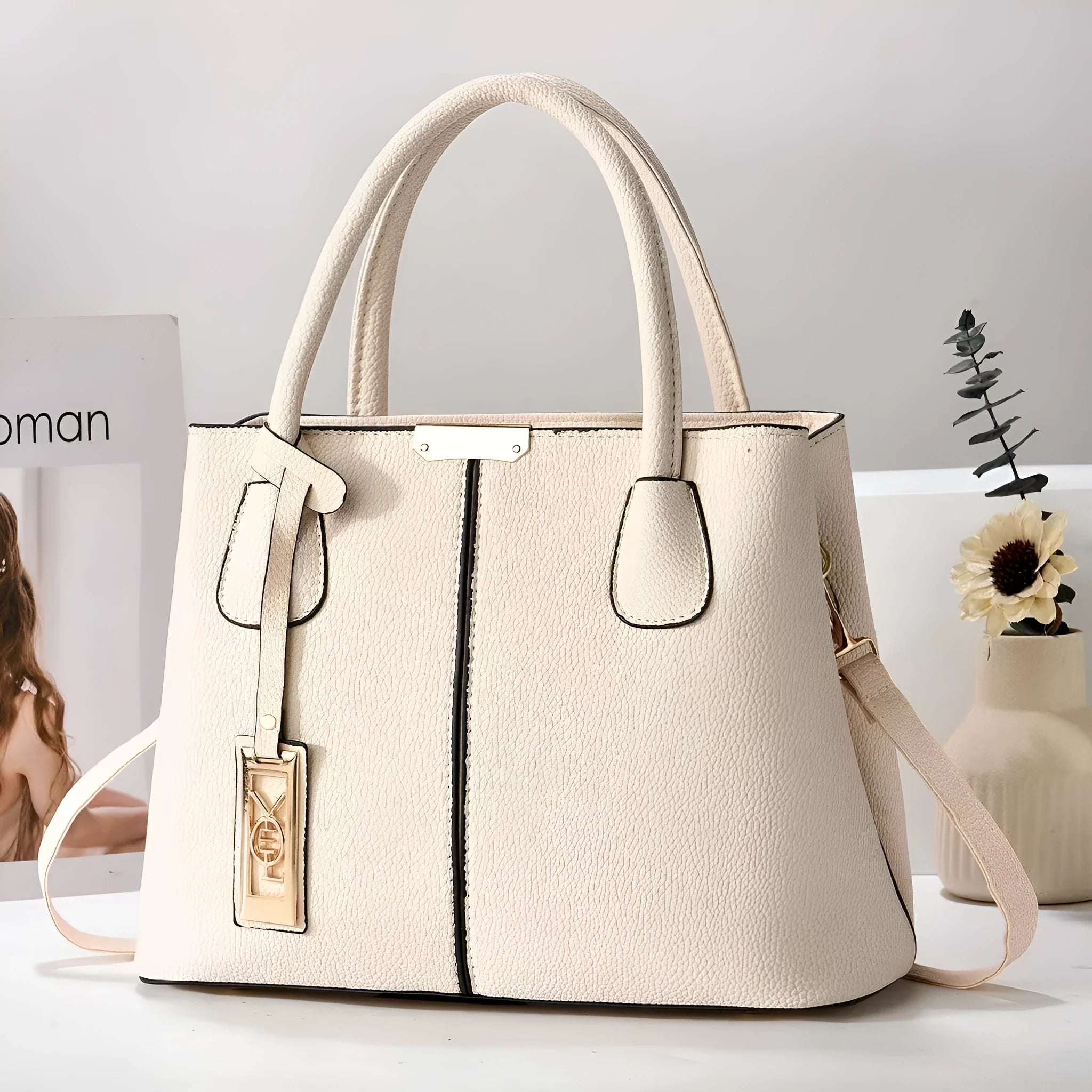 Women's large capacity soft PU shoulder bag in horizontal square design with leather strap