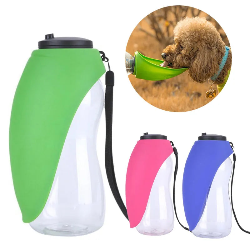 Blue plastic dog water bottle with drinking bowl showing key lock mechanism and 680ml capacity markings