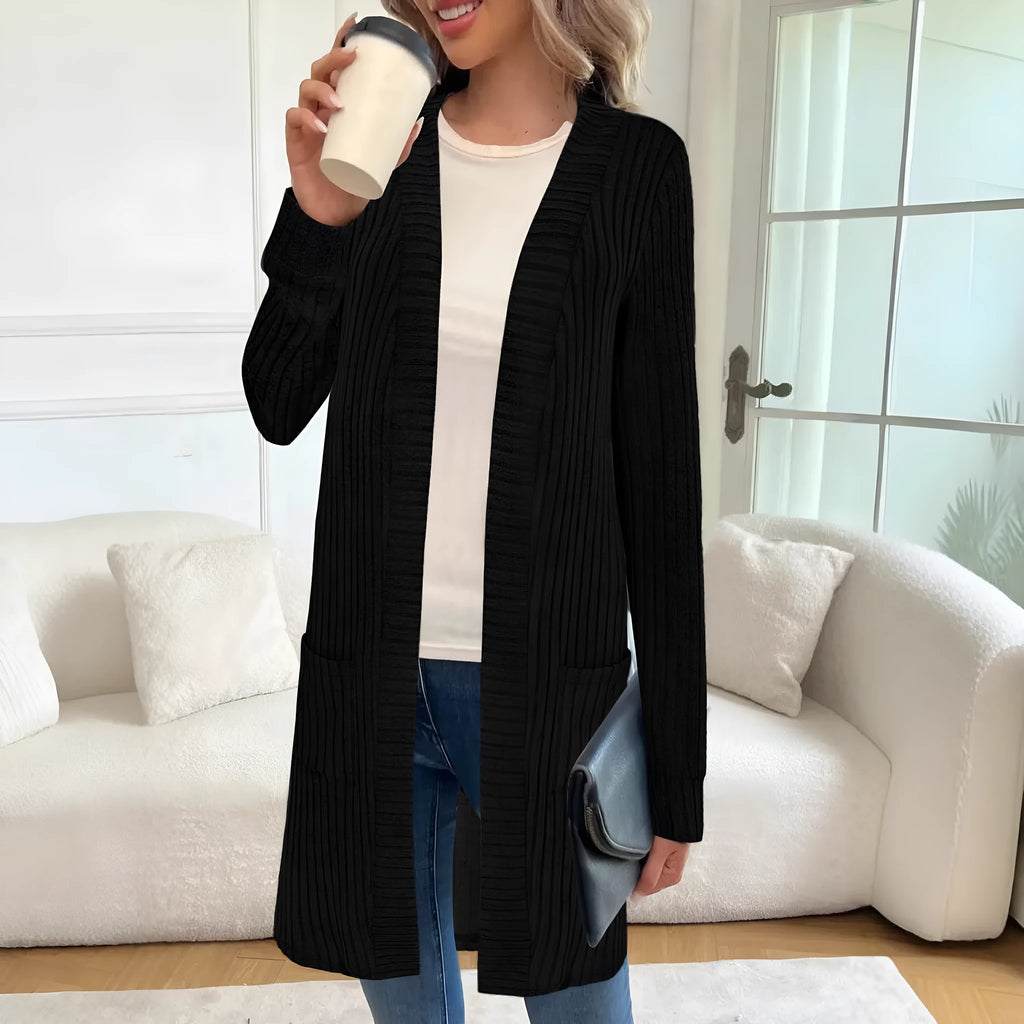 Loose knitted cardigan jacket with long sleeves and pockets in black, gray, or wine red polyester