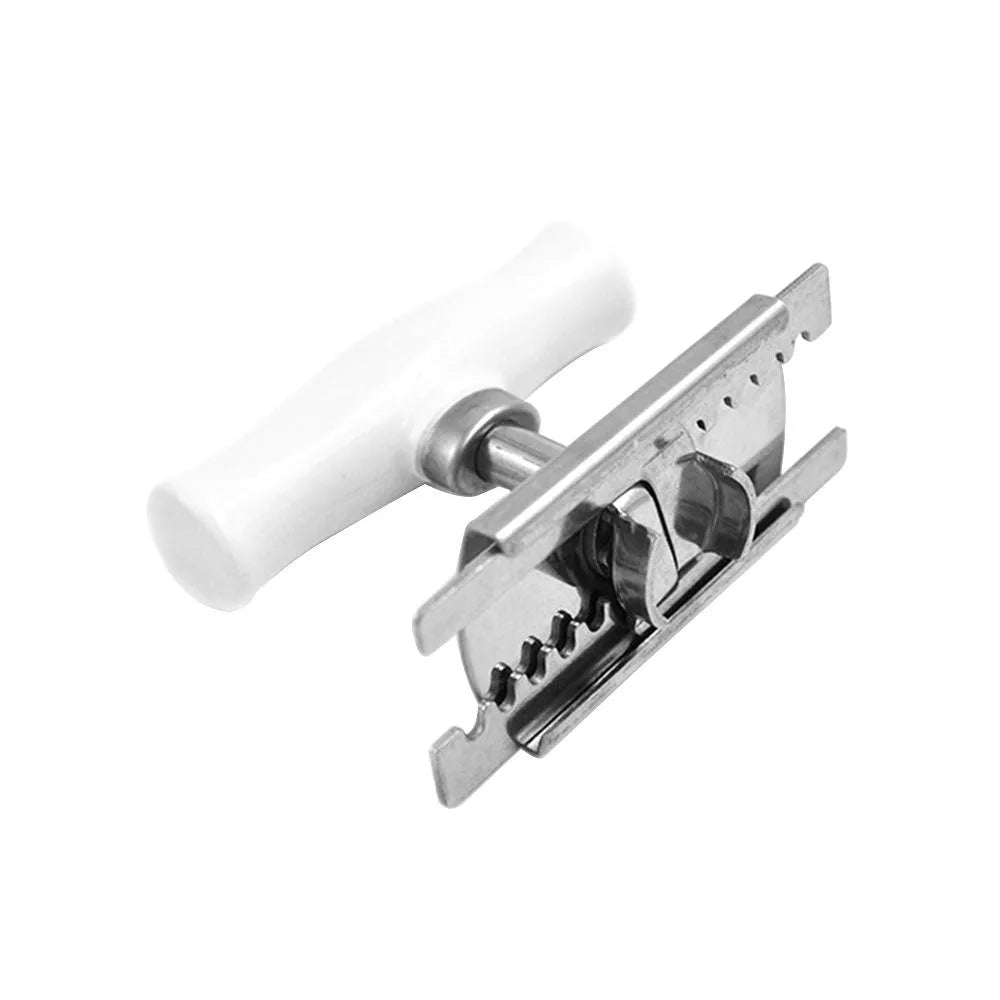White stainless steel manual adjustable bottle opener with gear design on a table