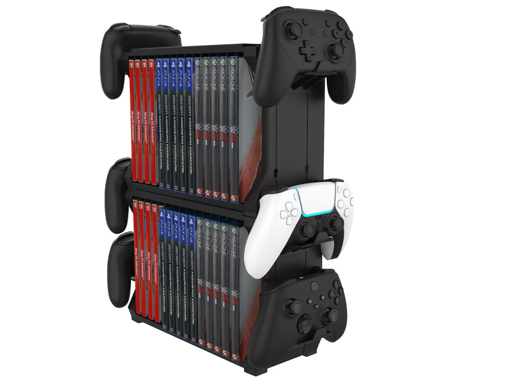 Black PS5 disc holder and controller stand showing game cartridge slots and spaces for four controllers