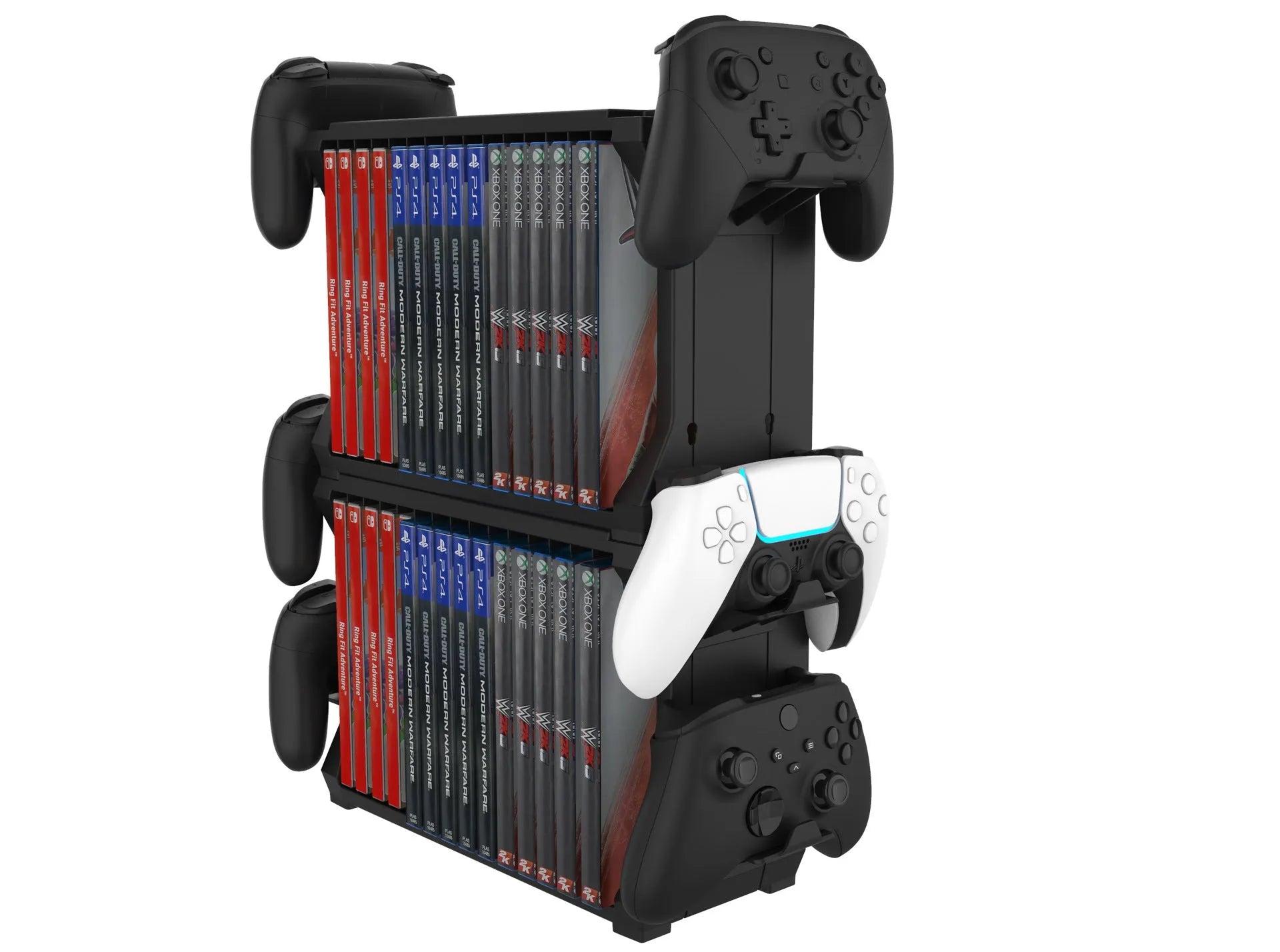Black PS5 disc holder and controller stand showing game cartridge slots and spaces for four controllers