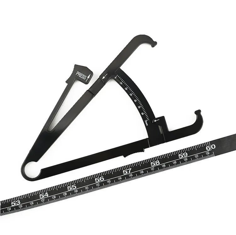 Black ABS plastic body fat caliper with measurement scale and cable.