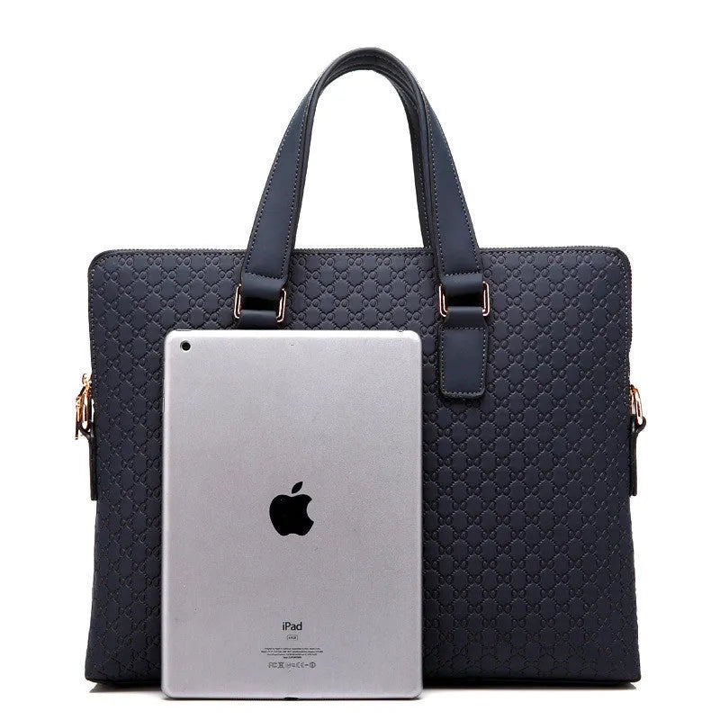 Genuine leather men's business handbag with embossed geometric pattern, 14 inch computer pocket, blue colour