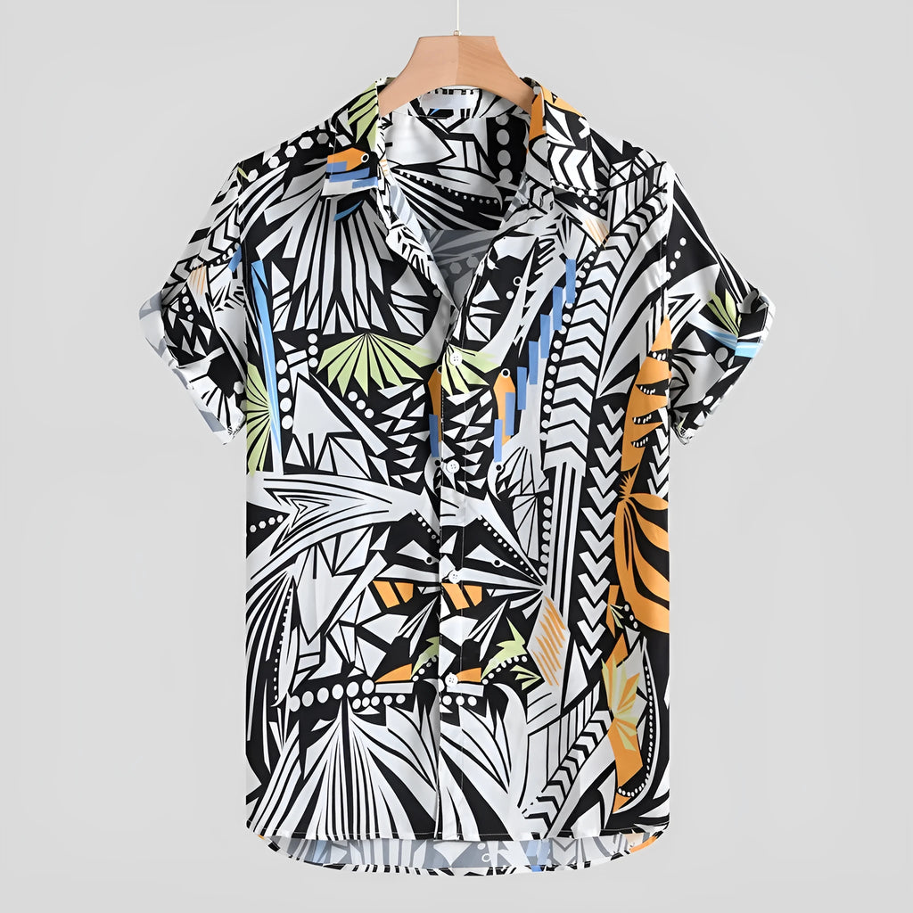 Men's Hawaiian casual shirt with lapel collar, loose fit, polyester fabric, available in blue colour