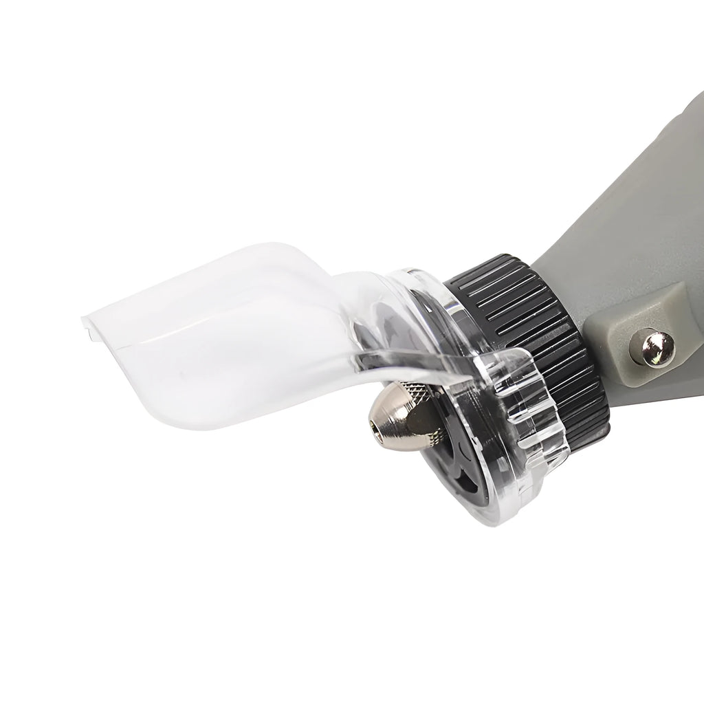 Clear plastic protective face shield for Delta electric grinders on a workbench.