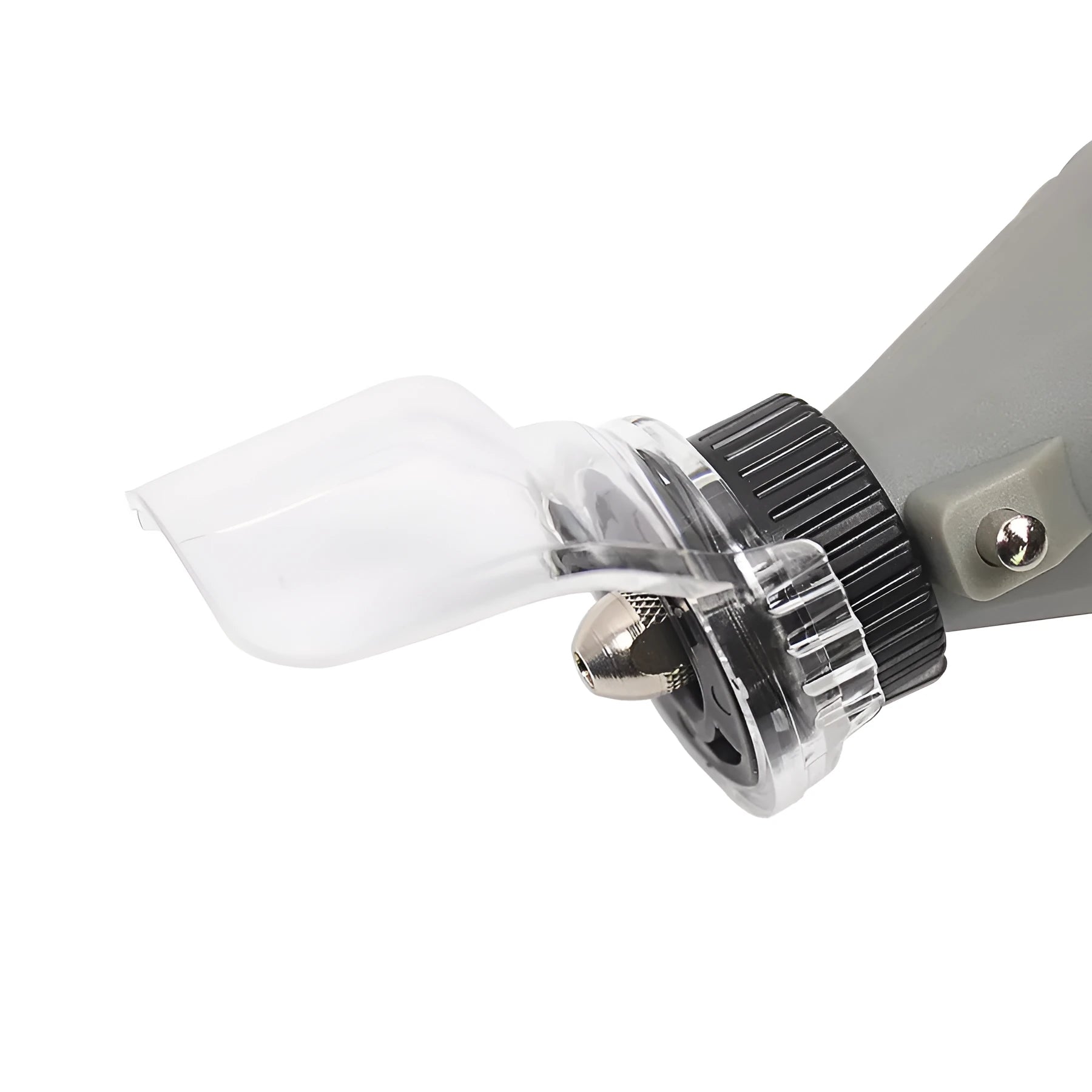 Clear plastic protective face shield for Delta electric grinders on a workbench.