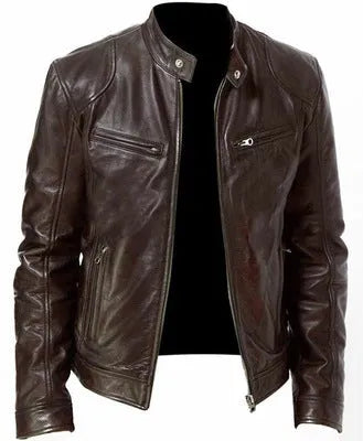 Slim fit PU leather jacket in black with zip front and notched collar