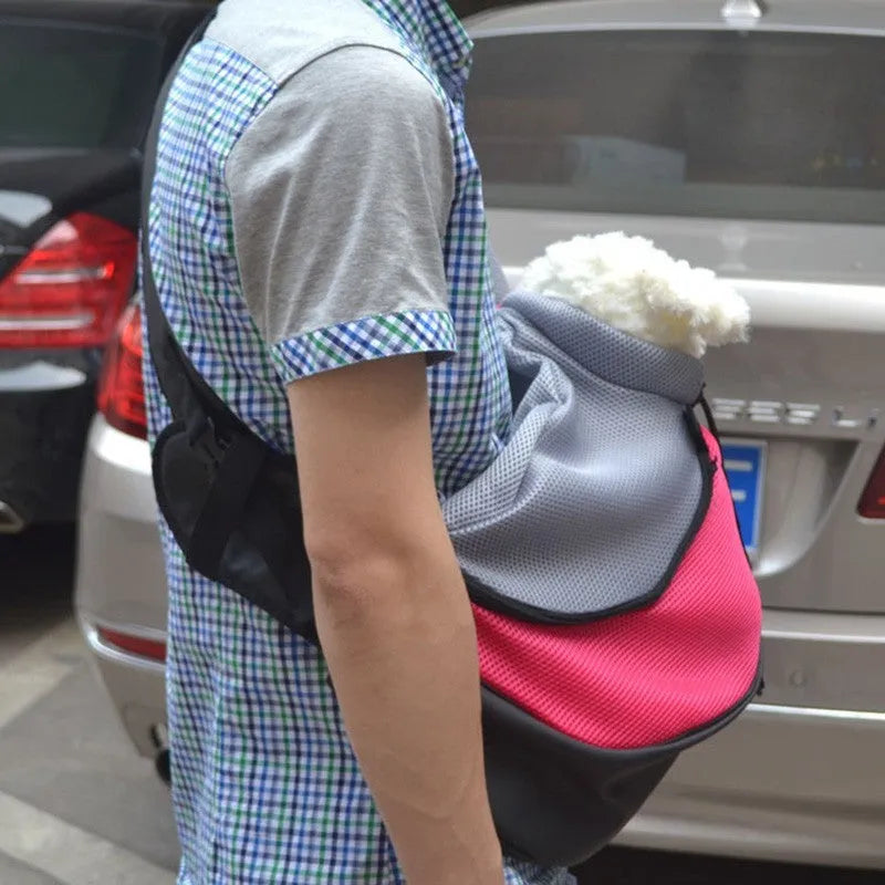 Pet backpack in blue with top handle and mesh ventilation panel, size S for pets under 5kg