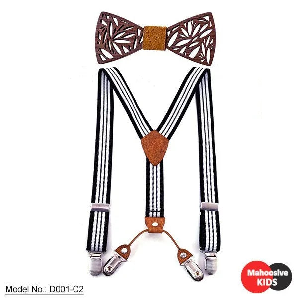 Children's wooden bow tie with matching striped suspenders and belt for boys, nine colour options available.
