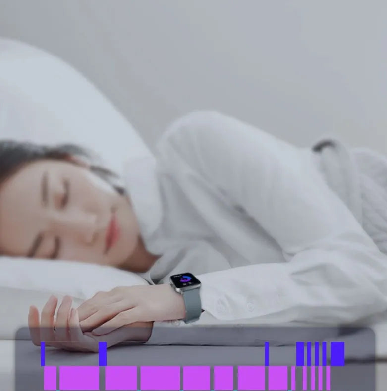 Blue smart sports watch with 1.7-inch touch screen on adjustable strap showing fitness tracking display