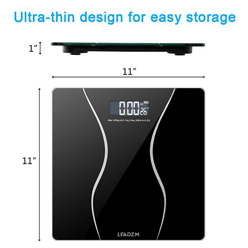 Black digital electronic bathroom scale on a tiled floor showing a weight reading.