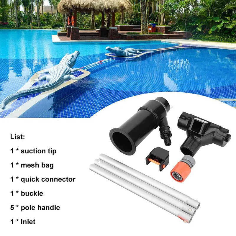 Portable pool jet vacuum cleaner suction head with plastic construction, mesh bag, and garden hose connector for underwater use