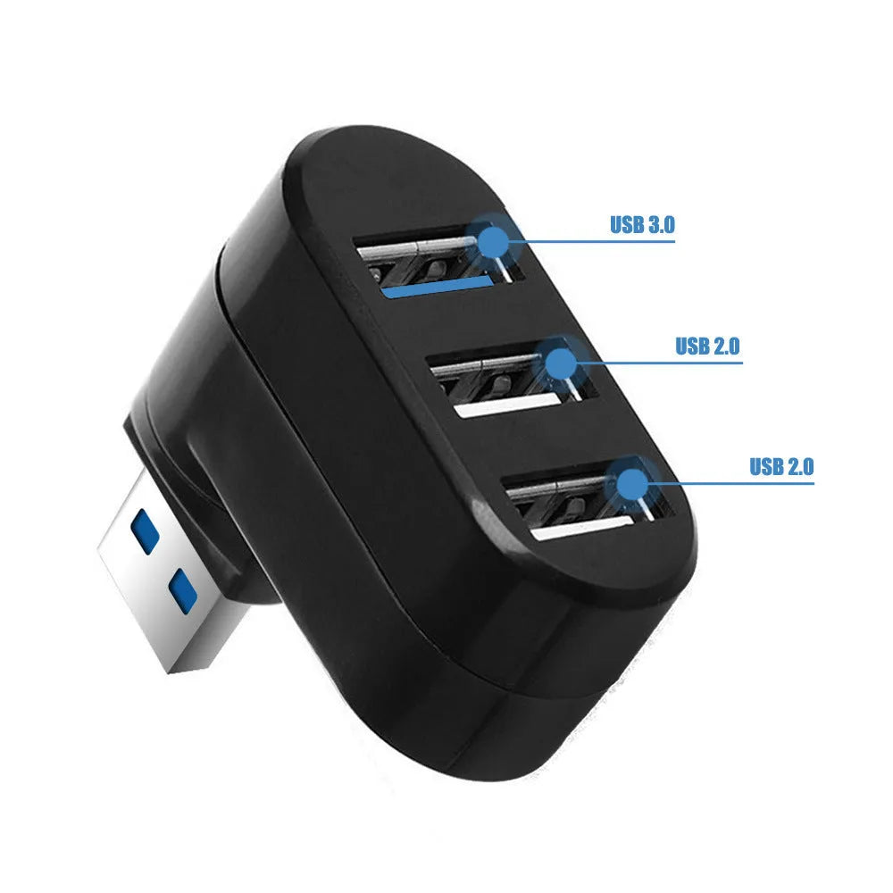 Black and white USB rotary splitter hub showing four USB 3.0 ports on compact ABS casing