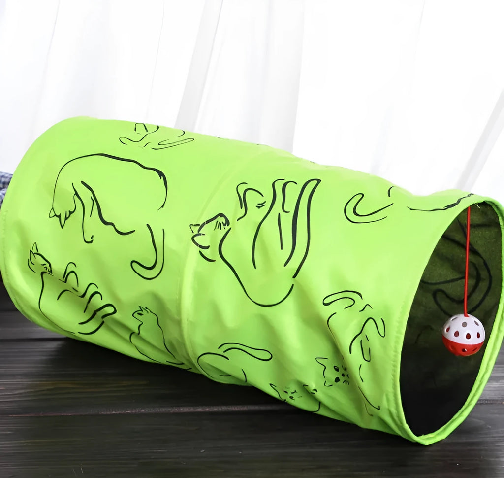 Cat toy tunnel with printed design, 25 cm diameter, 51 cm length, foldable for storage