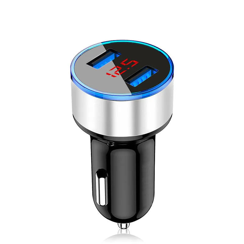 Aluminium alloy car charger with digital display in black, showing USB port and metal casing