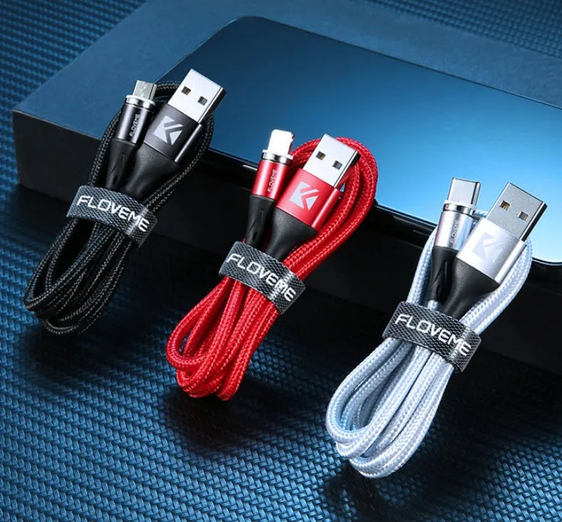 Black magnetic 3-in-1 fast charge data cable with side LED light for Apple and Android phones