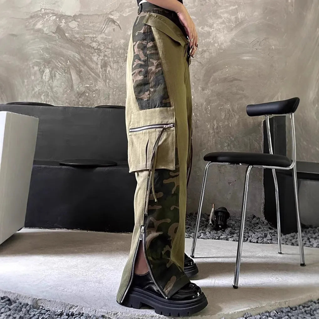 Dark khaki leopard print high-waist jeans with contrast stitching and straight leg.