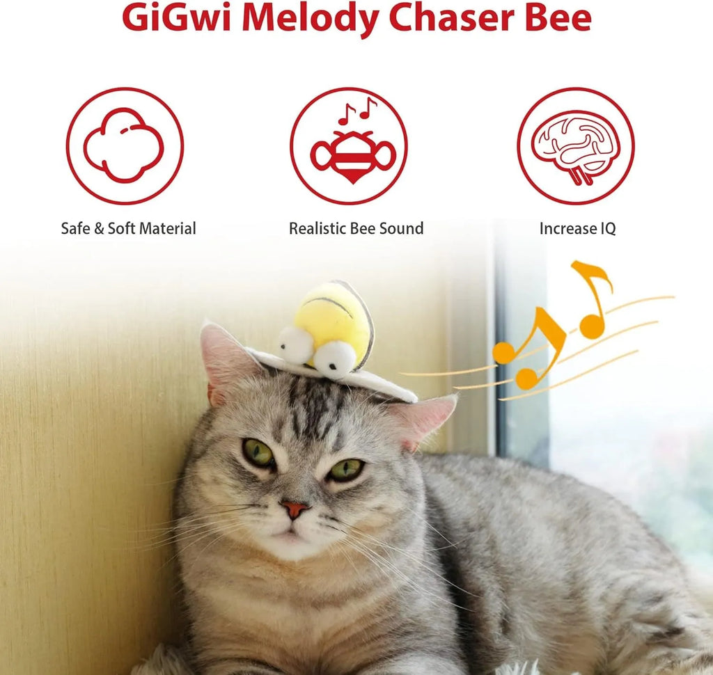Yellow bee-shaped electronic cat toy with motion-activated chirping sounds for indoor play