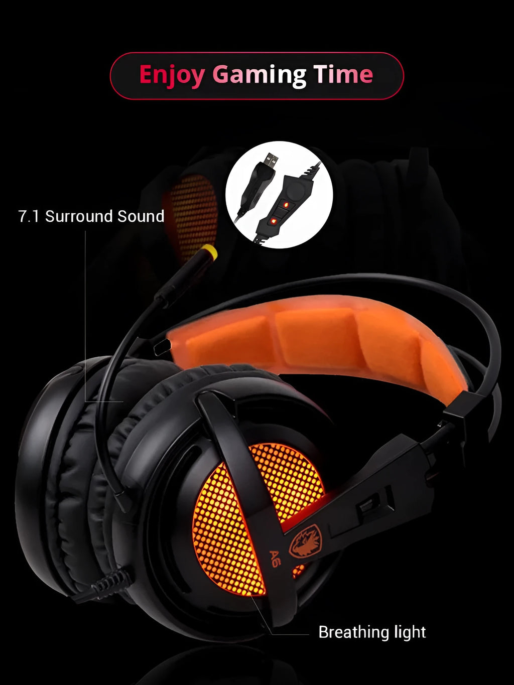 Black USB gaming headset with LED lights showing 7.1 surround sound and padded ear cushions
