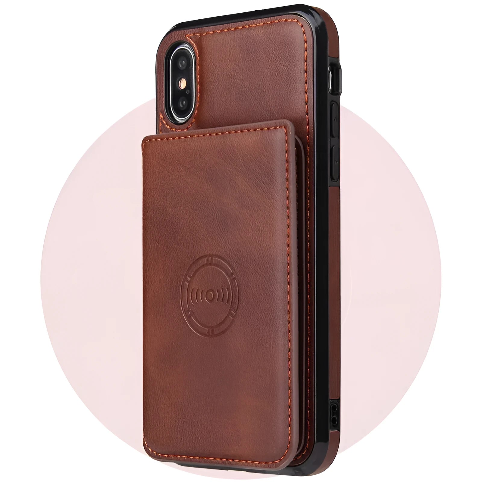 Imitation leather card wallet phone case for iPhone in six solid colours, showing business-style back cover design.