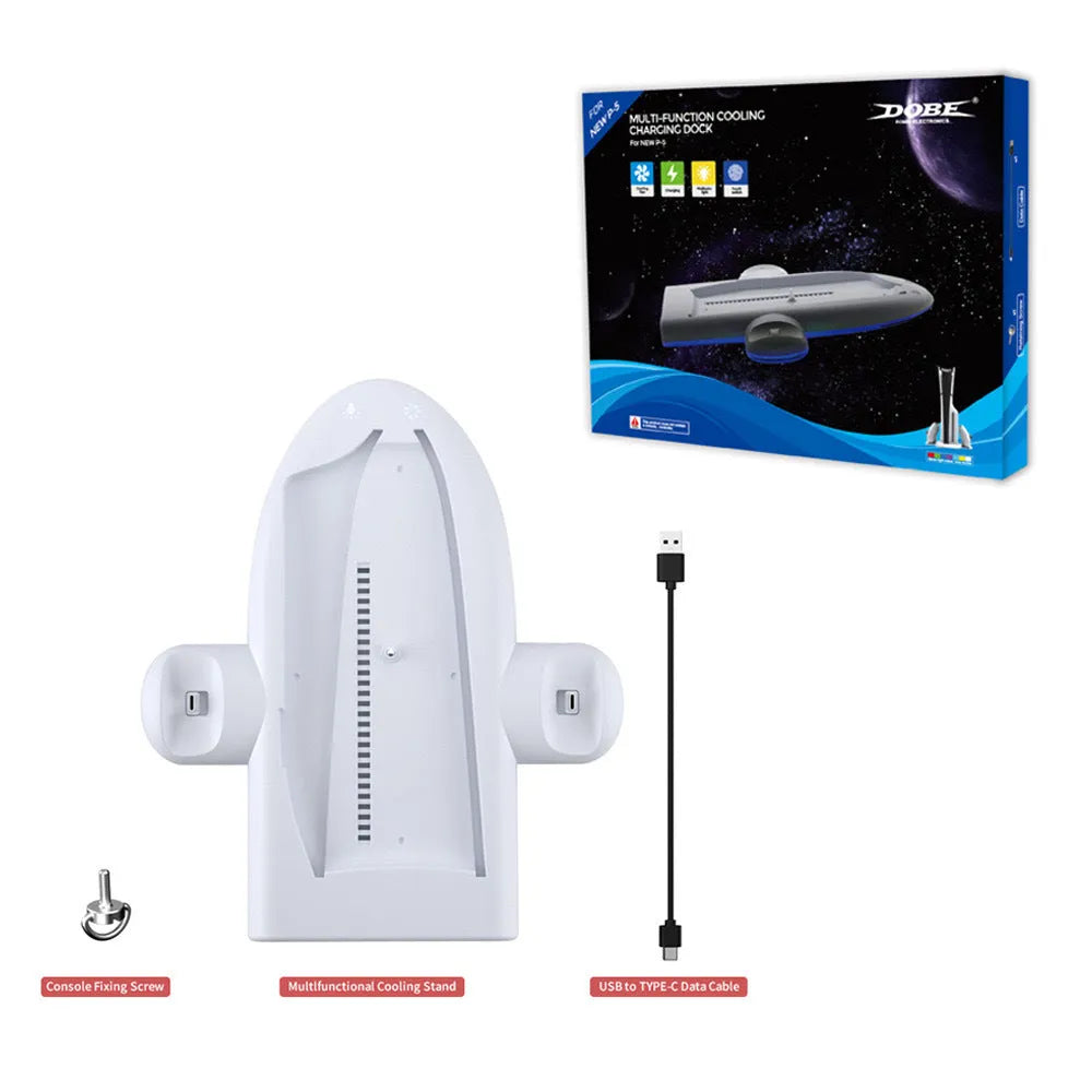 PS5 multi-function cooler pad with charging station and RGB lighting in white colour