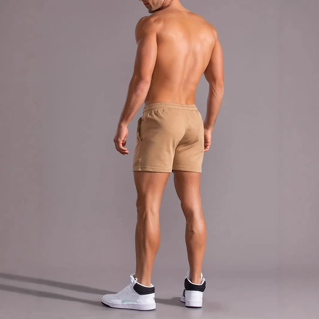 Men's khaki coconut print polyester sports shorts with straight cut design