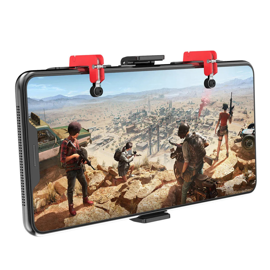 Black mobile phone game trigger handle bracket showing adjustable sliding trigger and telescopic fixing clip.