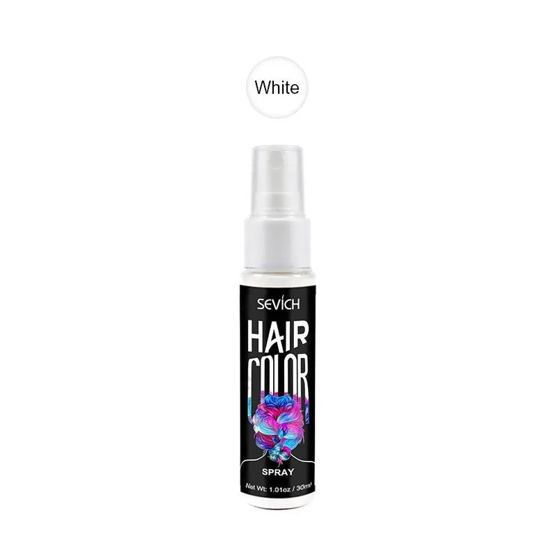 Disposable hair dye spray canister with temporary colour options in blue, grey, pink, purple, red, and white shades