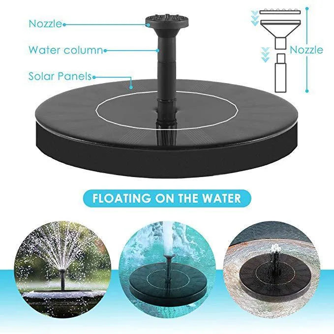 Solar floating fountain with round black panel and four spray nozzles on water surface