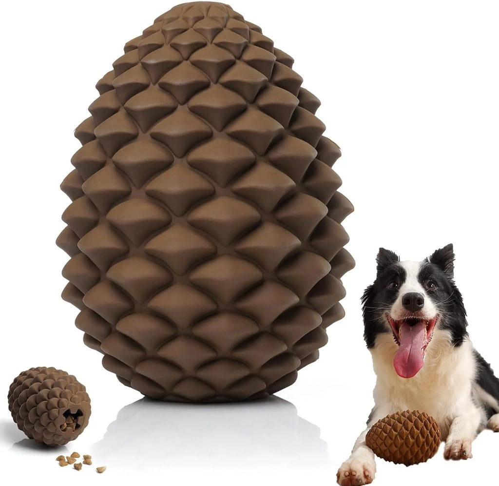 Yellow pine cone shaped dog chew toy with treat dispenser for medium and large breed dogs