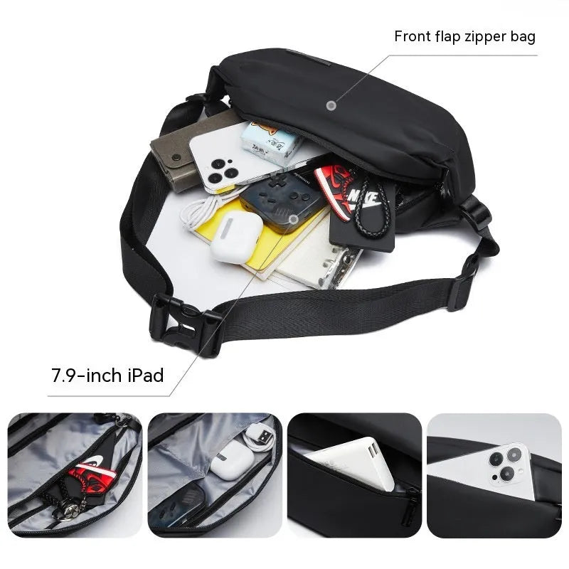 Black Oxford cloth men's messenger crossbody bag with visible stitching.