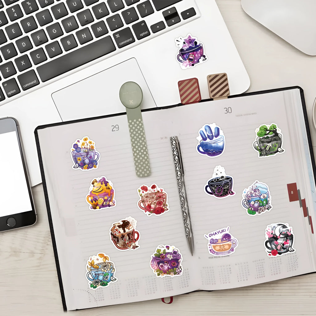 Colourful tea cup graffiti design stickers on scooter and luggage, 50 piece waterproof vinyl pack
