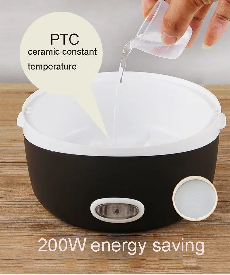 USB-powered electric lunch box showing two-layer and three-layer insulated compartments with capacity options