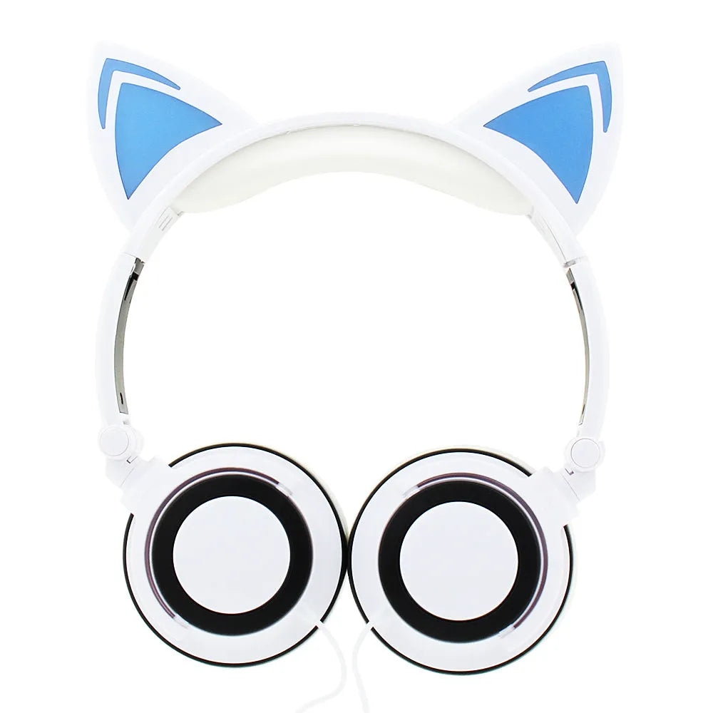 LED illuminated cat ear headphones showing lights on ears and cushions, available in multiple colours