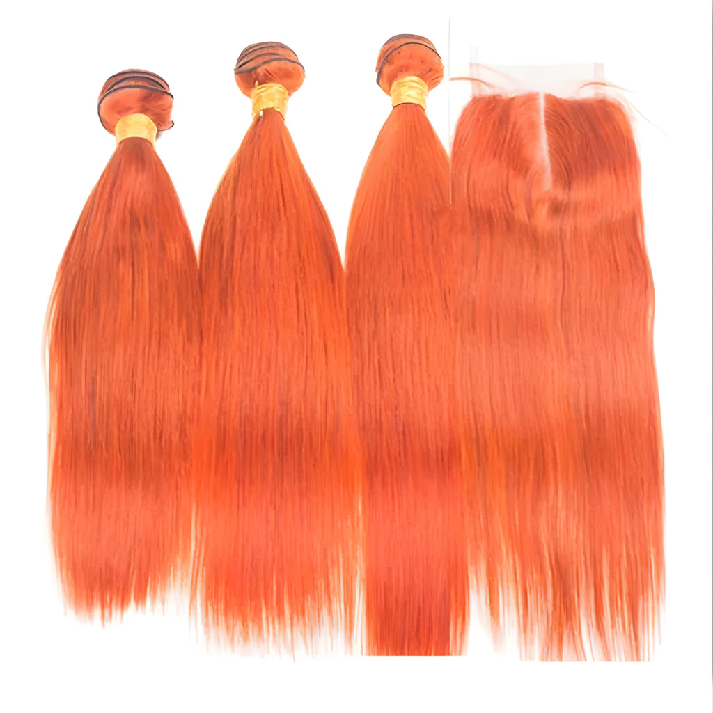 Orange red 100% human hair curtain with ST curvature texture on a display stand