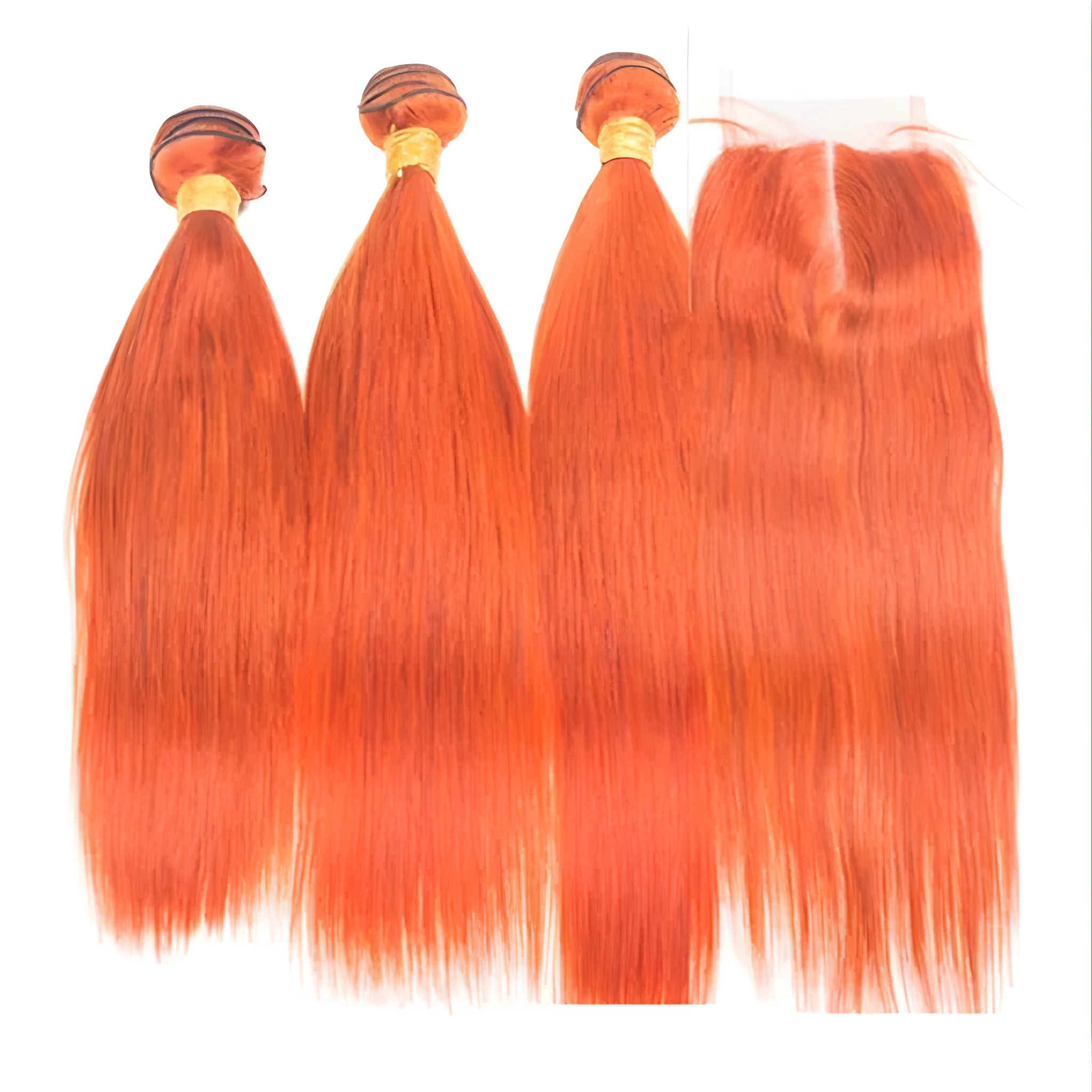 Orange red 100% human hair curtain with ST curvature texture on a display stand