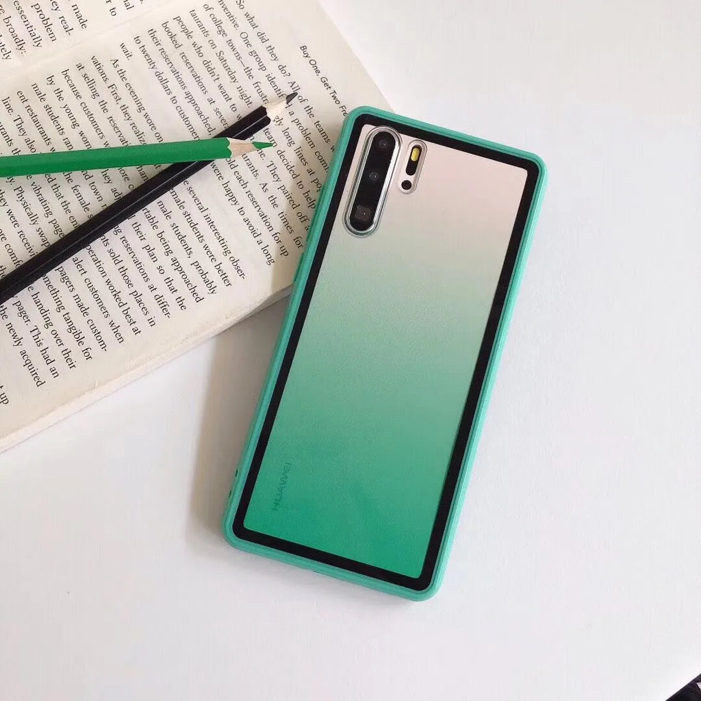 Huawei mobile phone case in TPU+PC material shown in black, green, orange, and pink colour options