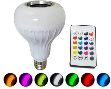 White E27 Bluetooth speaker light bulb with remote control for colour changing illumination
