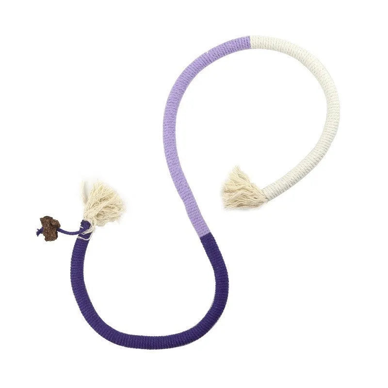 70cm long cotton string cat biting rope toy with catnip, shown in purple, orange, and red with green colour options.