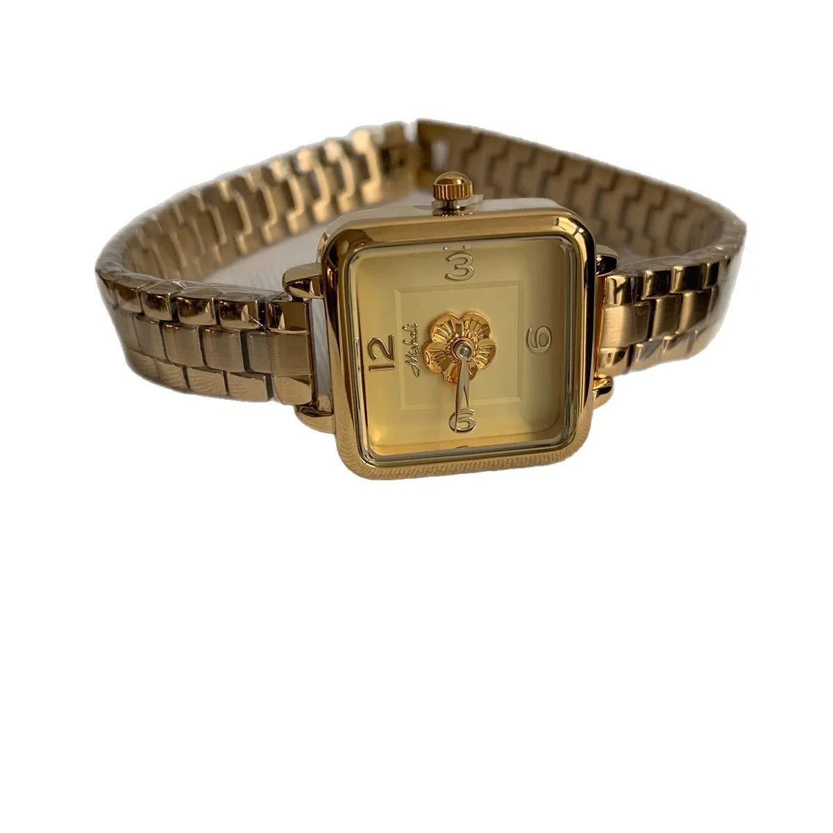 ZUORAN Camellia square steel chain women's watch with gold strap and gold dial markings