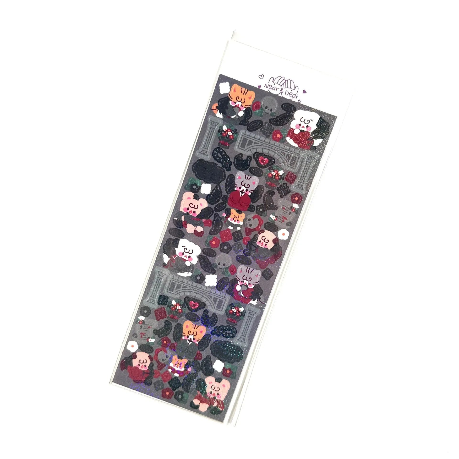 Cartoon animal PET sticker sheet in Korean style with 6.5 x 17.5cm size, black angel colour theme