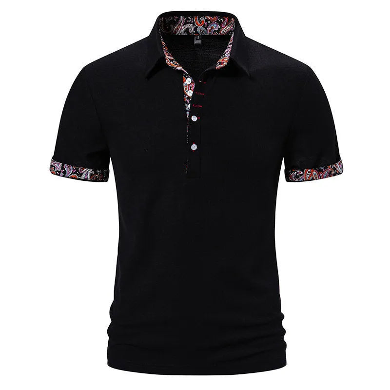 Men's navy blue polo shirt with colour stitching on the turnover collar and short sleeves.