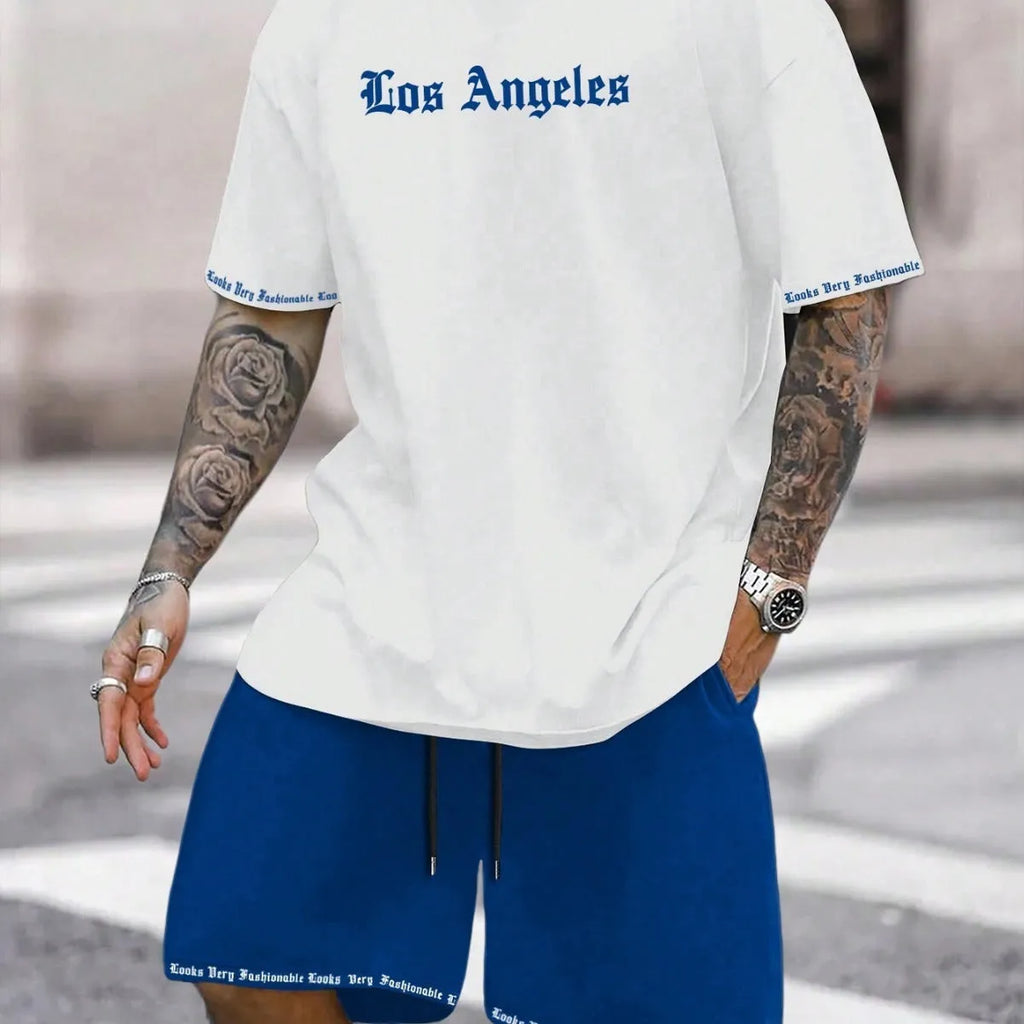 Sports style short-sleeved shirt and matching shorts set in a thin, printed fabric on a mannequin.
