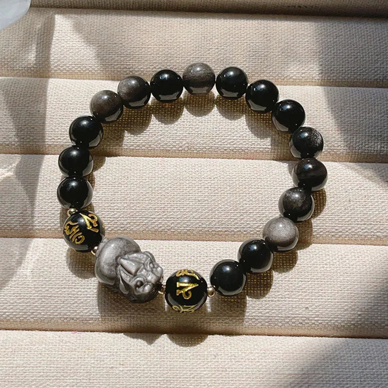 Men's natural silver stone bracelet with Chinese zodiac beads and adjustable fastening