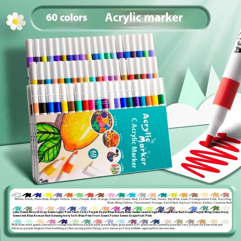 Box of acrylic marker pens for student painting with true colour pigments in multicolour assortment