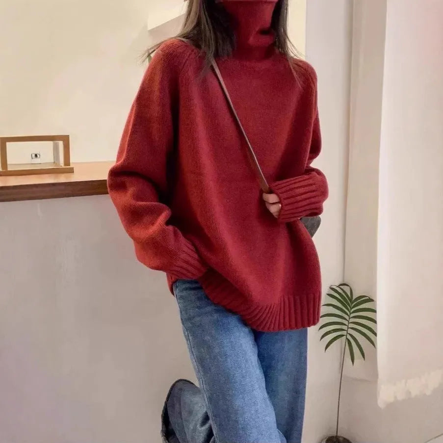 Women's loose turtleneck sweater with thick curling pile collar in red camel grey or black